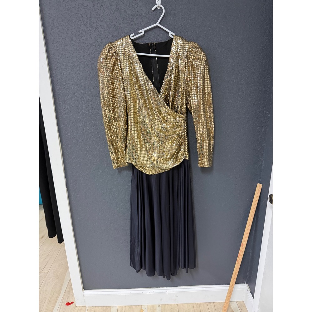 Vintage Gold Sequin Wrap Top Black Pleated Skirt Long Sleeve Formal Maxi Dress